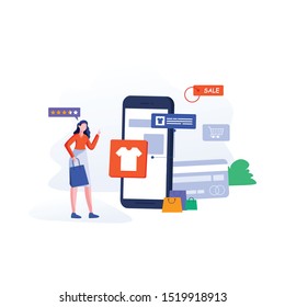 Young woman shop online using smartphone. Flat vector design with e-commerce and online shopping icons and elements for mobile story. 