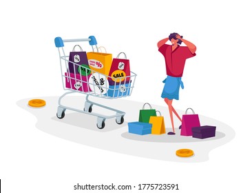 Young Woman Shopaholic with Many Shopping Bags. Character with Empty Pockets Holding Head Frustrated about Making Lot of Useless Purchases in Mall. Girl Shopper in Store. Cartoon Vector Illustration