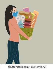 Young woman shopper wearing face mask and holding a basket full of goods Stock up food in worst case of coronavirus pandemic vector concept