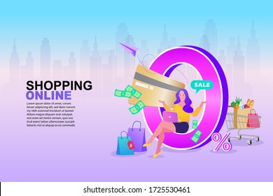 young woman shopping with 0 % interest installment payment promotion. digital marketing, 
