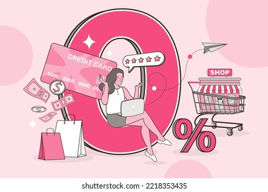 Young woman shopping with 0% interest installment payment promotion. special Offer. digital marketing. discounts on payments with coins floating around. financial concept design. vector