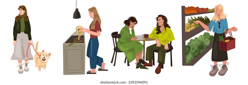 Young woman with shopping bag in market. Couple have a breakfast in cafe. People love morning. Girl walking with dog every day routine life concept. Girl cooking omelet. Colorful Vector illustration