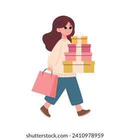 Young woman with shopping bags and gift boxes. Vector illustration in cartoon style