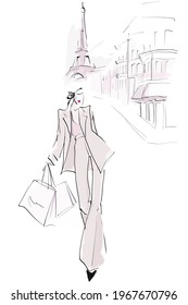 Young woman with shopping bags in Paris. Fashion illustration in sketch style. Vector