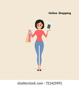 Young woman and shopping bags with smart phone on a background.Pretty woman purchasing products and making orders using a smart phone with shopping bags.Online shopping concept.Vector illustration.