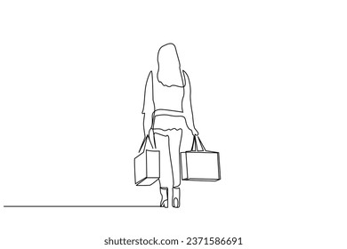 young woman with shopping bags shopping walking line art design
