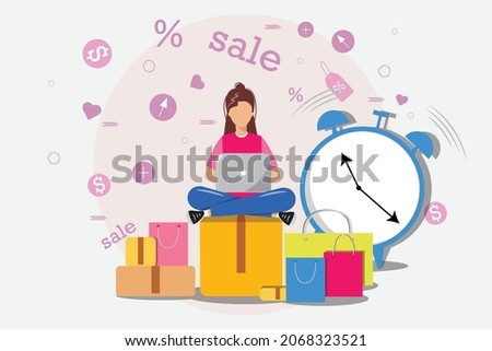 Young woman is shopping with big discounts. Shopping before the offer is over. Black Friday, big sale concept .Bargain hunter.