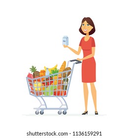 Young woman with a shopping cart - cartoon people characters isolated illustration on white background. An image of a cute cheerful housewife with a trolley full of products, healthy food, dairy