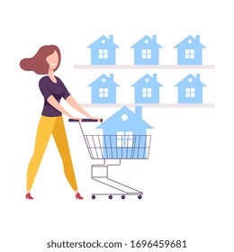 Young Woman with Shopping Cart Choosing House for Buying or Renting Vector Illustration