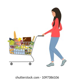 Young woman with shopping cart full of food and drinks.There is a champagne bottle, a box of chocolates, a water bottle, bread, sausage, grapes, bananas and other products in the picture. Vector