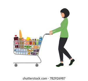 Young woman with shopping cart full of food and drinks.There is a bread, bottles of water, a milk, a cheese, sausage, vegetables and other products in the basket. Vector illustration.