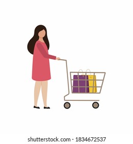 A young woman with a shopping cart goes to the store. Vector flat drawing of a girl. Woman with shopping. Promotions, discounts, sales.