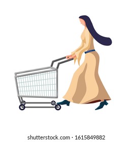 Young woman with shopping cart. Vector illustration