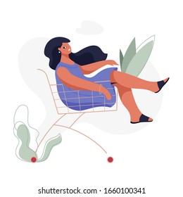Young woman in shopping cart vector isolated illustration. Modern flat character for web and app design, season sales, marketing materials, e-commerce.