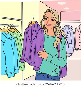 Young woman is shopping for clothes in a store. She is holding a purple jacket and smiling. The store is filled with many clothes, and the woman is looking at the racks