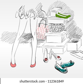 Young woman shopping for fashion shoes.