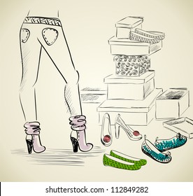 Young woman shopping for fashion shoes.