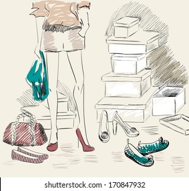 Young woman shopping for fashion shoes .
