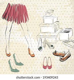 Young woman shopping for fashion shoes. Hand draw illustration.