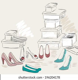 Young woman shopping for fashion shoes. Hand draw illustration.