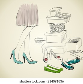 Young woman shopping for fashion shoes. Hand draw illustration.
