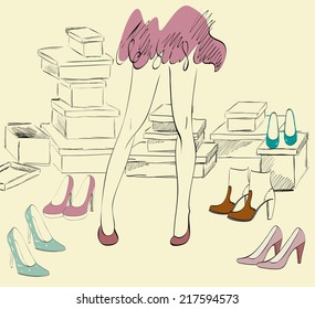 Young woman shopping for fashion shoes. Hand draw illustration.