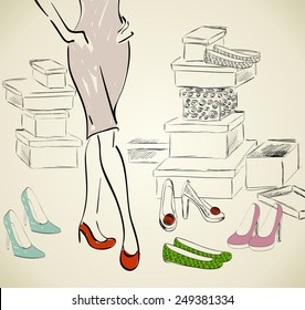 Young woman shopping for fashion shoes. Hand draw illustration.