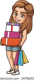 Young woman shopping gifts vector illustration