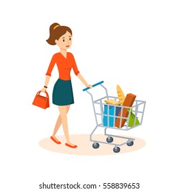 Young woman shopping at the grocery store. In her hand she holds a bag with the other hand a basket of products. Vector illustration.