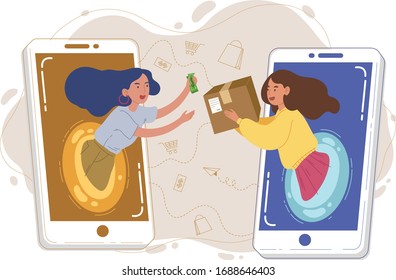 Young woman shopping with her smartphone. Concept of everything is online, stay home shopping, transfer money and get goods. Online shopping , online marketing, E-commerce. Flat vector illustration.