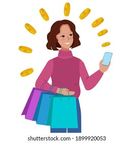A young woman is shopping and holding a smartphone. The money from the purchases is returned to her card. Vector concept of cashback.