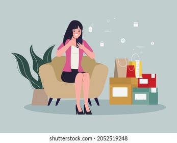 Young woman shopping online and delivery service.