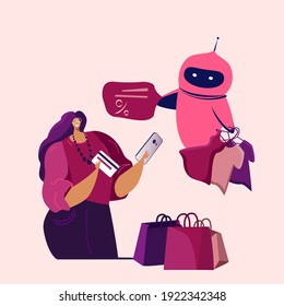 Young woman Shopping Online with help of Digital virtual Chatbot Cyber Robot. Sale, consumerism concept Girl using smartphone Chat bot and future marketing Dialog help service Flat vector illustration