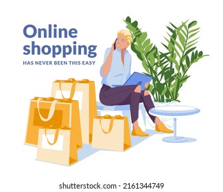 Young woman shopping online at home using laptop. Sitting among paper shopping bags. E-commerce concept idea. Flat vector illustration