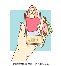 young woman shopping online on the phone, vector illustration.