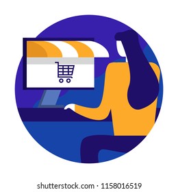 Young woman shopping online using Computer desktop. Online store and consumerism concept. flat design vector illustration