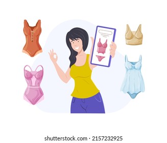 Young woman shopping online using mobile web application. Girl buying underwear clothing. Cheerful woman choosing and paying for purchases in online clothing and accessories store flat vector