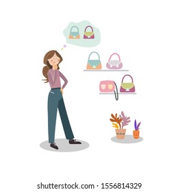 Young woman is shopping at store. Vector flat illustration. Shopping design template for banner, poster or web.