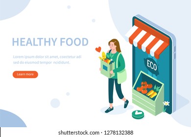 Young woman shopping in the supermarket and buying healthy food. Can use for web banner, infographics, hero images. Flat isometric vector illustration isolated on white background.