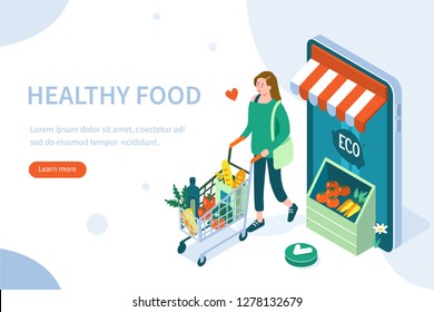 Young woman shopping in the supermarket and buying healthy food. Can use for web banner, infographics, hero images. Flat isometric vector illustration isolated on white background.