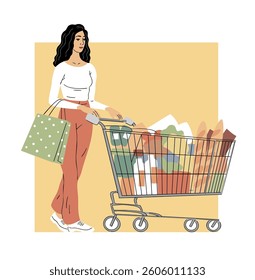 Young woman with a shopping trolley in a supermarket. Girl buying food. Lifestyle of people. Family life. Vector illustration