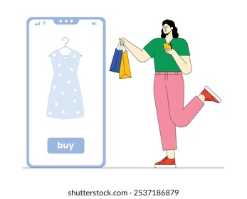 Young woman shopping via smartphone with e-commerce app, modern urban life vector illustration.
