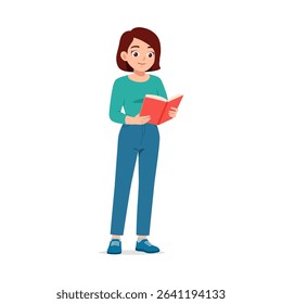 A young woman with short brown hair is standing and reading a book with a calm expression