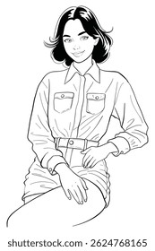 Jovem mulher com cabelo curto e escuro sentado posando em uma camisa branca de manga comprida com botão para baixo, shorts jeans e um cinto. Ilustração moderna e elegante do vetor médio tiro.