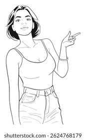 Jovem mulher com cabelo curto e escuro apontando para o lado enquanto usa um top branco sem mangas, shorts jeans e um cinto. Ilustração moderna e elegante do vetor médio tiro.
