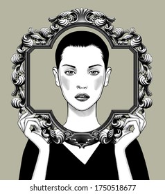 Young woman with short hair with a decorative frame in her hands. Vintage engraving stylized drawing. Vector Illustration