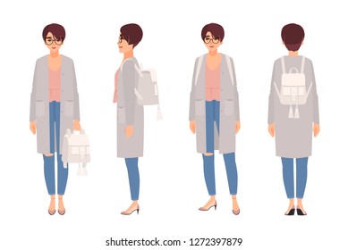 Young woman with short hair and glasses dressed in coat and holding backpack. Female cartoon character isolated on white background. Street style look. Front, side, back views. Vector illustration.