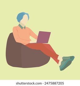 a young woman with short hair, was relaxing on the sofa and opening her laptop.