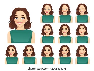 Young woman with short haircut different facial expressions set isolated vector illustration