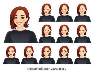 Young woman with short haircut different facial expressions set isolated vector illustration